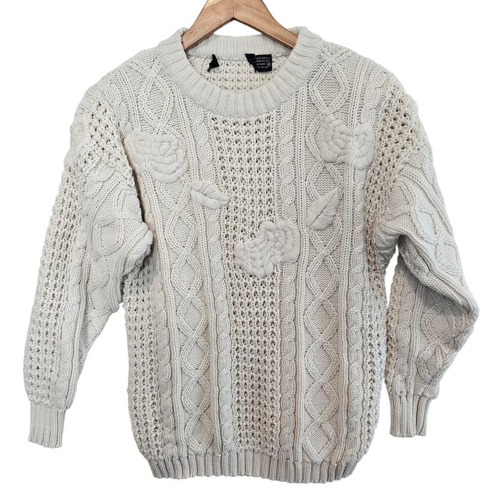 Vintage Cable Knit Sweater Womens Medium 90s White Cottage Pullover Academia